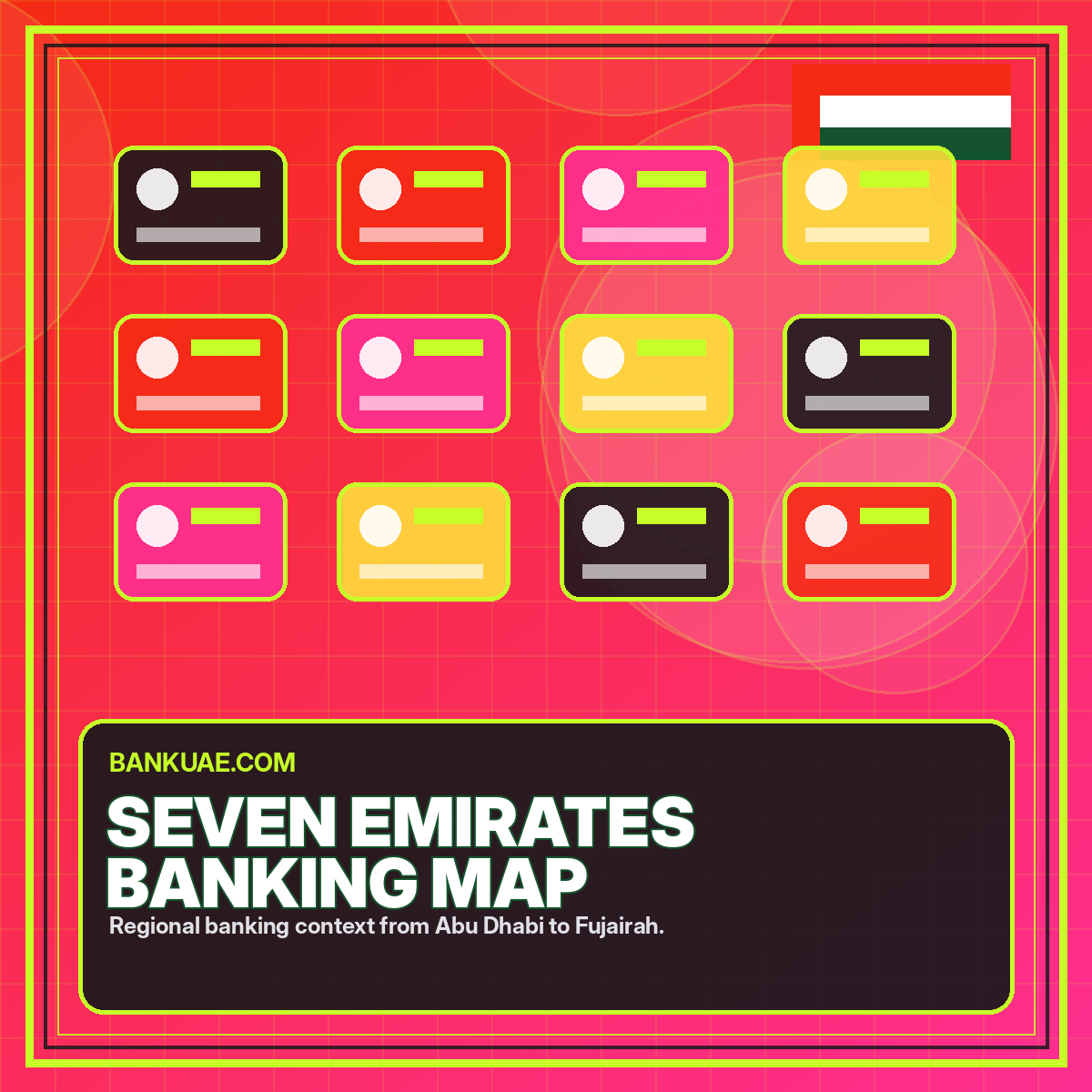 Neon map-style guide to banking across the seven Emirates